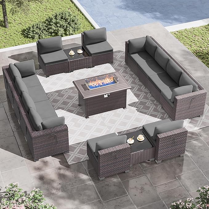 Outdoor Patio Furniture Set with Propane Fire Pit Table, 15 Pieces Furniture Patio Sectional Sofa Conversation Sets w/ETL Approved 43" Gas Outdoor Fire Table & Coffee Table(Grey)