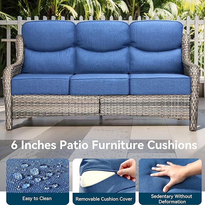 Luxury High Back Outdoor Furniture 6-Inch Thick Cushions with 50,000 BTU Gas Propane Fire Pit Tablet, Patio Furniture Set with Swivel Chairs, 6 PCS for Porch, Balcony, Deck and Yard