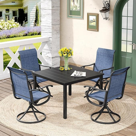 DIFY 5 Pieces Outdoor Patio Dining Set for 4, 40.2" Black Metal Square Dining Table and 4 Blue Textilene Swivel Dining Chairs, Outdoor Table and Chairs