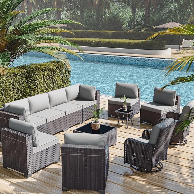 12 Pcs Outdoor Patio Furniture Set Outdoor Furniture All Weather Patio Sectional Sofa PE Wicker Modular Conversation Sets with Coffee Table, Swivel Rocking Chair (Grey)