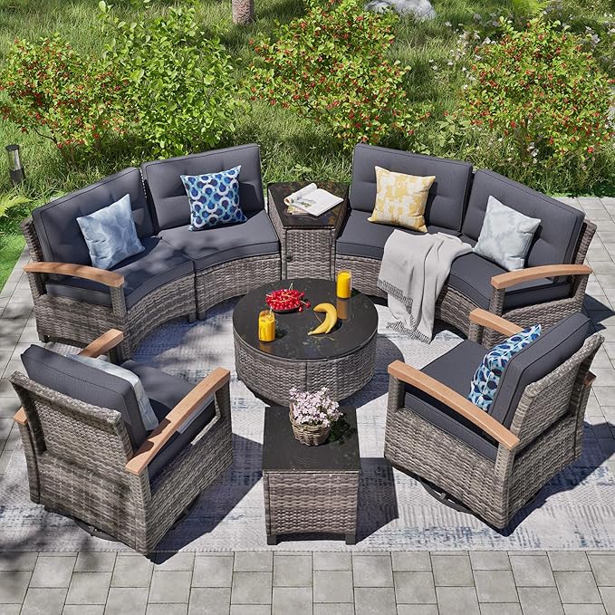 MEISSALIVVE 9-Piece Outdoor Patio Furniture Set, Half-Moon Curved Sectional Set with Wood Armrests, Patio Conversation Set, Tempered Glass Coffee & Side Tables (Grey)