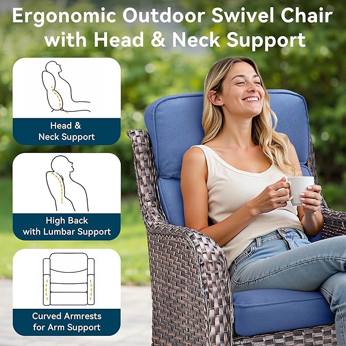 Luxury High Back Outdoor Furniture 6-Inch Thick Cushions with 50,000 BTU Gas Propane Fire Pit Tablet, Patio Furniture Set with Swivel Chairs, 6 PCS for Porch, Balcony, Deck and Yard