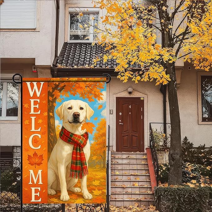 Thanksgiving Fall Garden Flag 12x18 Inch Welcome Labrador Retriever Dog Outdoor Flag Double Sided Autumn Yard Banner with Plaid Scarf and Leaves Decor for Porch L