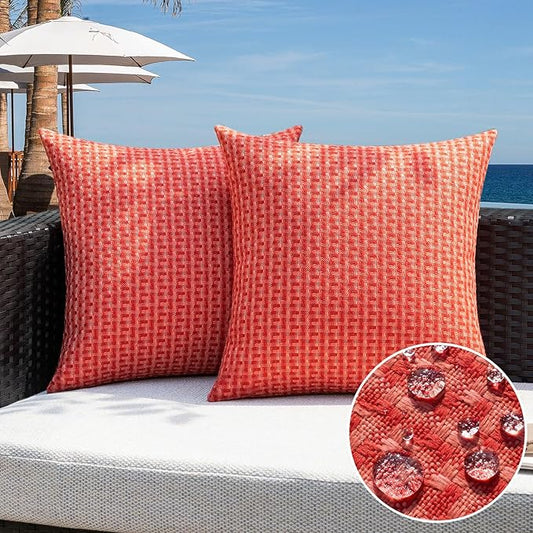 Kevin Textile Outdoor Waterproof Throw Pillow Covers Pack of 2 Farmhouse Decorative Cushion Covers for Garden Patio Tent Balcony Bench Couch Sofa 22x22 Inch, Red