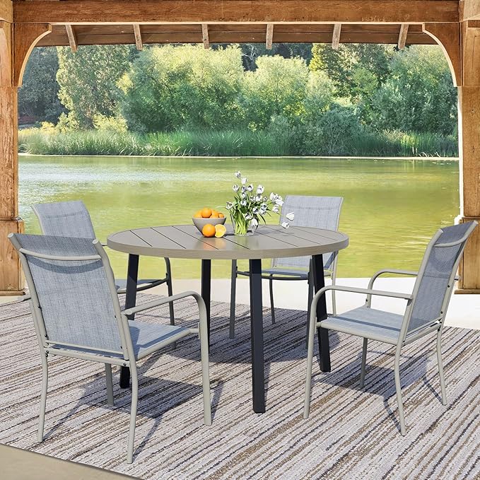 5 Pieces Round Dining Table Set for 4, Patio Dining Set Includes 4 Beige Blue Stackable Patio Chairs and 1 Honey Oak Round Table, Patio Furniture Sets with Sling Support for Outside, Garden