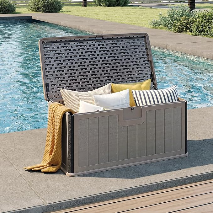 Tangkula 100 Gallon Outdoor Storage Box, Resin Outdoor Storage Bench with Lockable Lid, Waterproof Deck Box for Garden Tools, Pool Accessories, Cushions