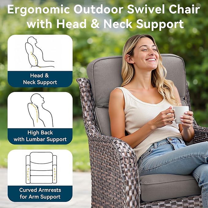 Luxury High Back Outdoor Furniture 6-Inch Thick Cushions with 50,000 BTU Gas Propane Fire Pit Tablet, Patio Furniture Set with Swivel Chairs, for Porch, Balcony, Deck and Yard