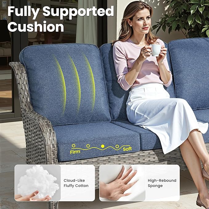ovios 7 Pieces Patio Furniture Set, Outdoor Wicker Sofa Couch with Swivel Chairs Solar Lights Table, High Back All Weather Modern Conversation Sets, Grey Rattan, Denim Blue