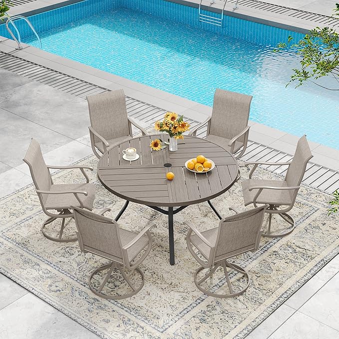 DIFY 7 Pieces Outdoor Patio Dining Set, 6 Sandshell Textilene Swivel Dining Chairs and 47.2" Grey Wood-Like Round Metal Dining Table, Outdoor Table and Chairs