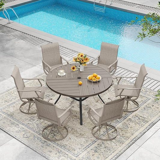DIFY 7 Pieces Outdoor Patio Dining Set, 6 Sandshell Textilene Swivel Dining Chairs and 47.2" Grey Wood-Like Round Metal Dining Table, Outdoor Table and Chairs