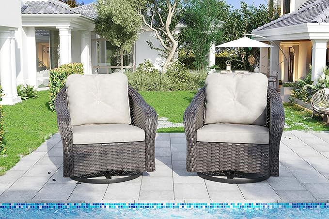 Wicker Swivel Rocking Chairs Set 2, Outdoor Brown Wicker Swivel Glider Chair Outdoor Rocking Chair with Water-Resistant Cushions, Beige