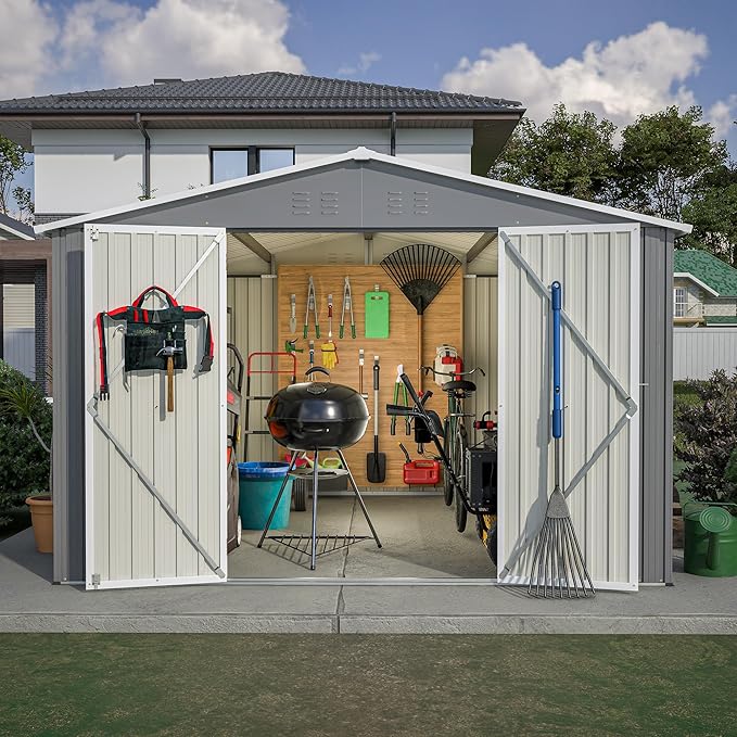 10 x 10 FT Outdoor Storage Shed, Large Metal Tool Sheds with Updated Frame Structure and Lockable Doors, Garden Shed for Backyard Garden Patio Lawn, Grey