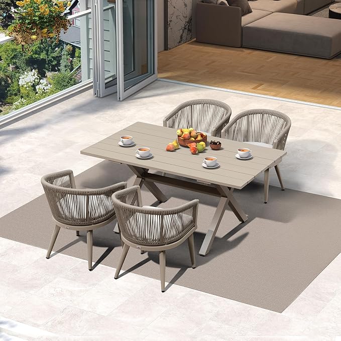 PURPLE LEAF Outdoor Dining Set for 4 All-Weather 5 Pieces Patio Aluminium Dining Table and Rope Weave Chairs Included Cushions for Backyard Deck Indoor Kitchen Modern Patio Furniture Set Champagne