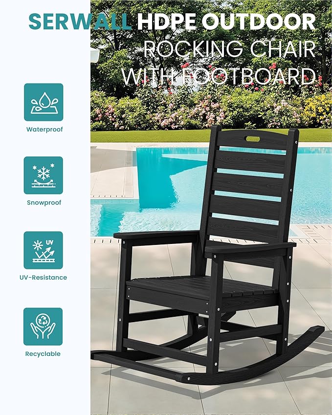 SERWALL Outdoor Rocking Chair Set of 2, Oversized Rocking Chair with Footboard for Adults, HDPE All Weather Rocking Chairs for Patio, 350lbs Weight Capacity, Black