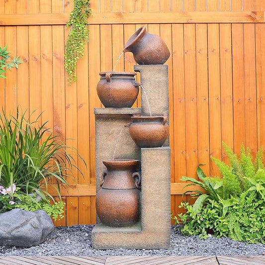 Water Fountain Outdoor Fountain with Lights - 53 Inches 4 Tiered Floor Standing Outdoor Water Fountains and Waterfalls for Garden, Patio, Backyard, Porch Home Art Decor
