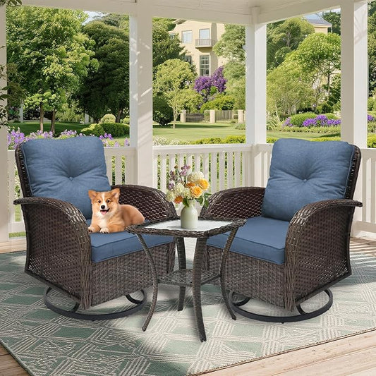 3 Pieces Patio Furniture Set, Outdoor Swivel Rocking Chair Set of 2 with Side Table - 360° Swivel, Thick Cushions, All-Weather Bistro Set for Deck, Porch, Pool(Navy, Brown Full-Weave Rattan)