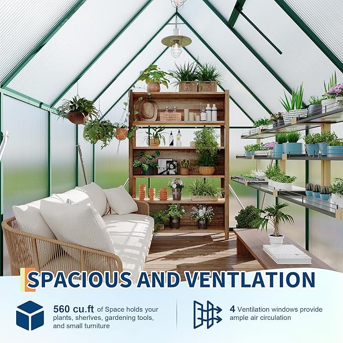 6X7 ft Polycarbonate Greenhouse with Aluminum Frame, Polycarbonate Greenhouse for Outdoors, Greenhouses with Ventilation, Aluminum Large Walk-in Greenhouses for Outside