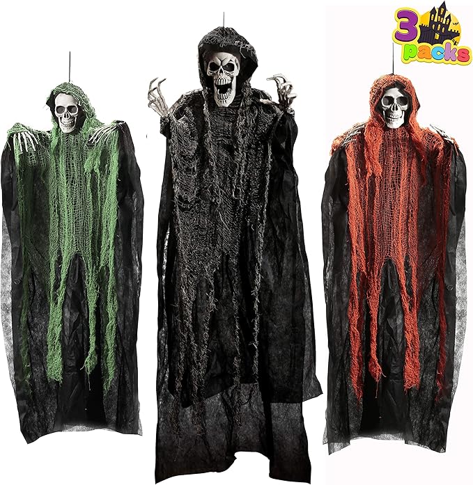 JOYIN Halloween Hanging Grim Reapers (3 Pack), One 47” and Two 35” Grim Reapers, Halloween Skeleton Flying Ghost for Haunted House Prop Décor, Outdoor Indoor Decor