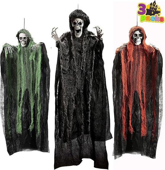 JOYIN Halloween Hanging Grim Reapers (3 Pack), One 47” and Two 35” Grim Reapers, Halloween Skeleton Flying Ghost for Haunted House Prop Décor, Outdoor Indoor Decor