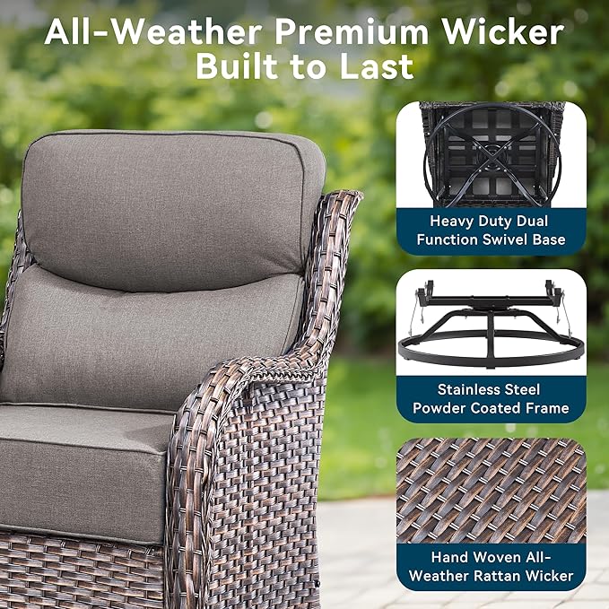 Luxury High Back Outdoor Swivel Rocker Patio Chairs with Side Table & 6-Inch Thick Cushions, 2 Pieces Patio Furniture Set for Porch, Balcony, Deck and Yard