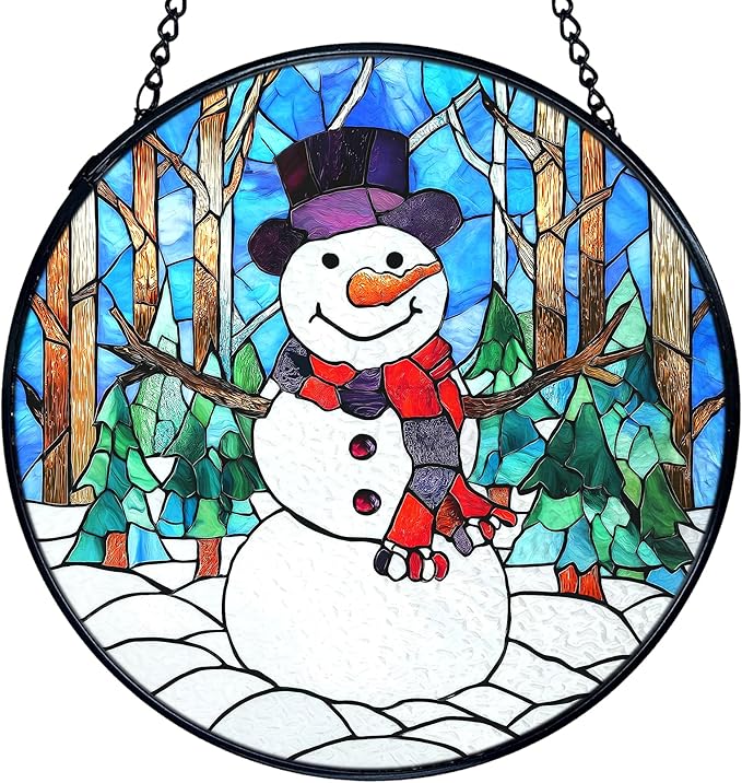 TNUW Snowman Christmas Stained Glass Window Hanging, Rustic Winter Xmas Snowman Sun Catchers Indoor Window Glass Round Wall Art Decor, Christmas Sculptures, Statues, Suncatchers, 7.9＂x7.9＂