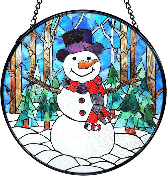 TNUW Snowman Christmas Stained Glass Window Hanging, Rustic Winter Xmas Snowman Sun Catchers Indoor Window Glass Round Wall Art Decor, Christmas Sculptures, Statues, Suncatchers, 7.9＂x7.9＂