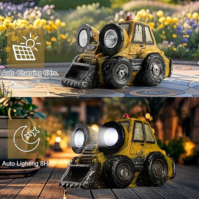 Garden Statue Outdoor Solar Light Decor with LED Light Rustic Vintage Bulldozer Construction Vehicle Decoration for Lawn Patio Yard Gifts for Women