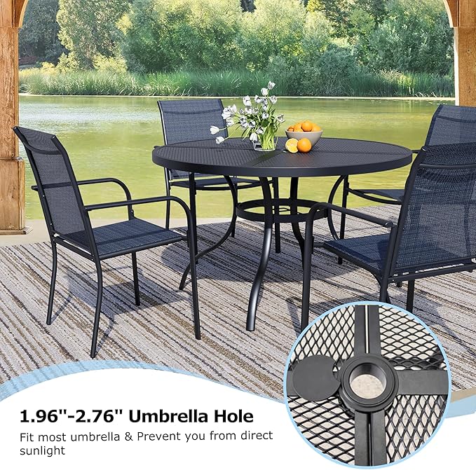 5 Pieces Round Dining Table Set for 4, Patio Dining Set Includes 4 Dark Blue Stackable Patio Chairs and 1 Black Mesh Round Table, Patio Furniture Sets with Sling Support for Outside, Garden