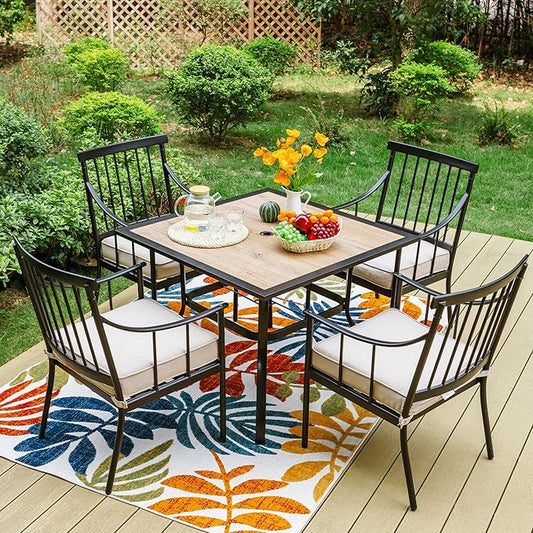 Sophia & William 5 Pieces Patio Dining Set with 4 Chairs and Square Table of Imitation Wood Top, Outdoor Conversation Furniture Set with Seat Cushion and 1.57" Umbrella Hole for Porch Backyard Balcony