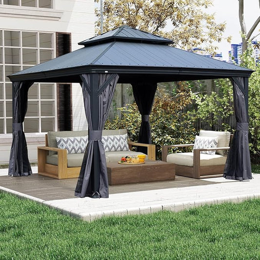 Domi 12’x12’ Hardtop Gazebo with Gutters, Outdoor Patio Gazebo Canopy with Resin & Metal Roof, Heavy Duty Permanent Pavilion for Backyard, Deck, Hot Tub, Curtains and Mosquito Netting Included