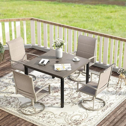 VICLLAX 5 Pieces Patio Dining Set, 4 Seats Outdoor Furniture Set Includes 40.2" Square Outdoor Dining Table and 4 Swivel Patio Chairs, Grey Wood Grain Tabletop and Sandshell Fabric