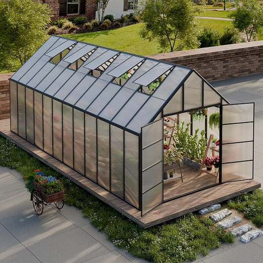 10'x10'x24' Snap-Together Greenhouse - Easy 3-Way Connectors, Heavy-Duty Aluminum Frame, Wind/Snow Resistant for Gardening/Urban Farming, Includes Sliding Door & Ventilation Windows