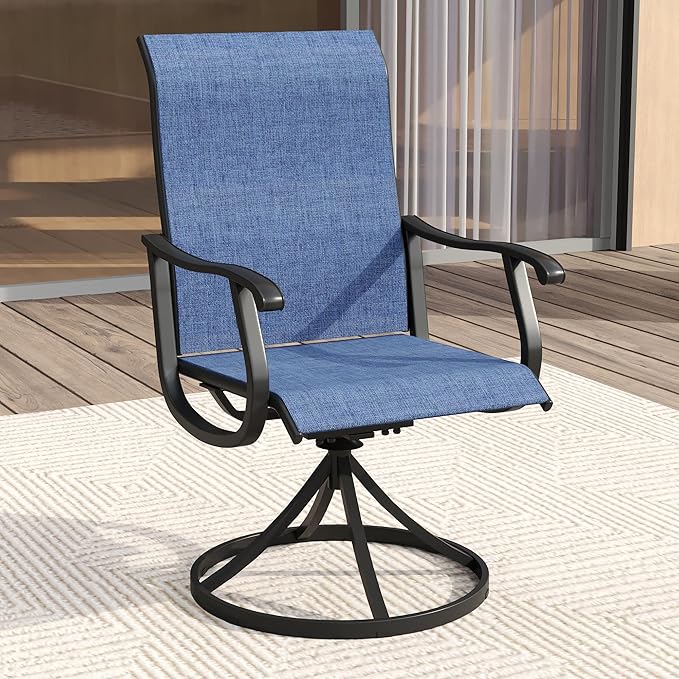 VICLLAX Patio Dining Set for 6, 7 Pieces Outdoor Furniture Includes 53" Round Patio Table with Umbrella Hole and 6 Outdoor Swivel Chairs for Lawn Garden, Black Tabletop and Blue Fabric