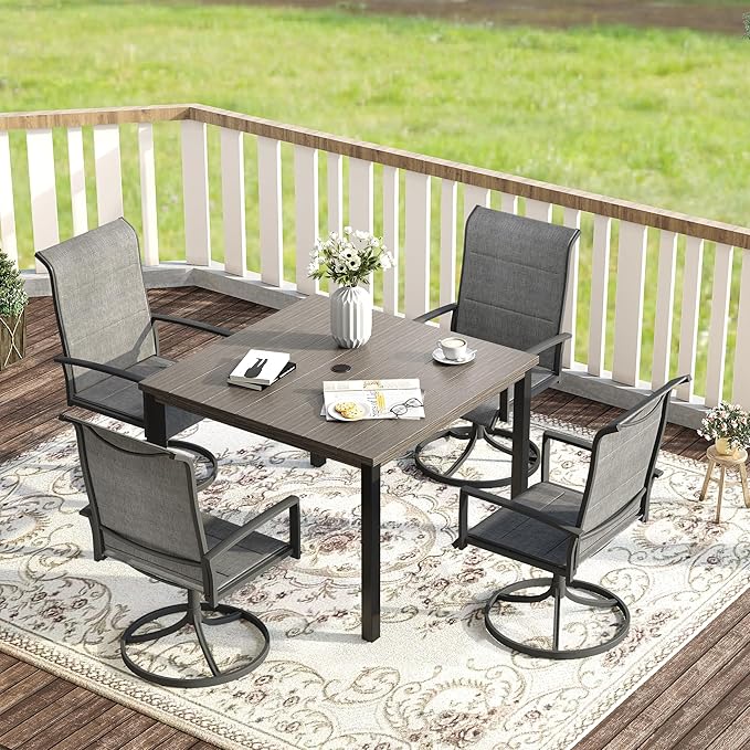 VICLLAX 5 Pieces Patio Dining Set, 4 Seats Outdoor Furniture Set Includes 40.2" Square Outdoor Dining Table and 4 Swivel Patio Chairs, Grey Wood Grain Tabletop and Grey Fabric
