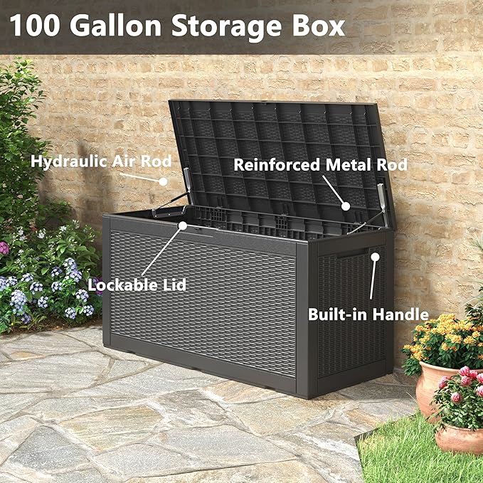 100 Gallon Deck Box Large Outdoor Storage Boxfor Patio Furniture,Outdoor Cushions, Garden Tools, Sports Equipment and Pool Supplies, Waterproof, Resin, Lockable