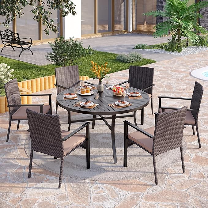 PHI VILLA 7 Pieces Patio Round Dining Set for 6, Large Metal Outdoor Dining Table with Umbrella Hole & Cushioned Wicker Rattan Chairs, Dining Furniture Set for Deck, Yard, Porch