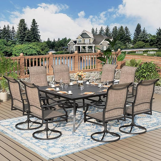 9 Pieces Patio Dining Set, Outdoor Table and Chairs, 8 x Textilene Swivel Dining Chairs and 60" Square Outdoor Dining Table, for Cozy Garden Settings, Grey-Brown