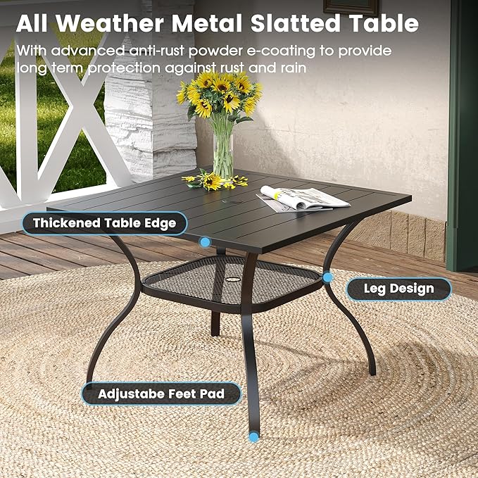 DIFY 5 Pieces Outdoor Patio Dining Set for 4, 37.8" Black Metal Square Dining Table and 4 Brown Textilene Patio Swivel Chairs, Outdoor Table and Chairs