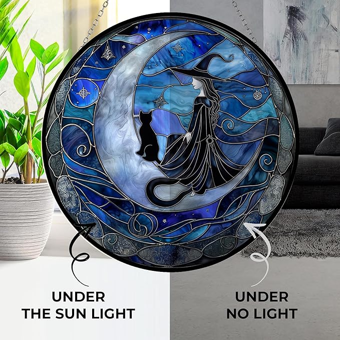 Spooky Witch Stained Glass Window Hanging Window Suncatcher 12" Glass Panel with Metal Chain and Hooks Sun Catchers Indoor Wall Art Home Decor Gift for Women Mother's Day