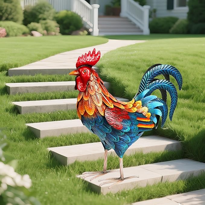 Shorayn Metal Rooster Statues Outdoor Garden Decor Metal Chicken Sculptures & Statues Chicken Ornaments Yard Art for Backyard Patio Lawn Decorations