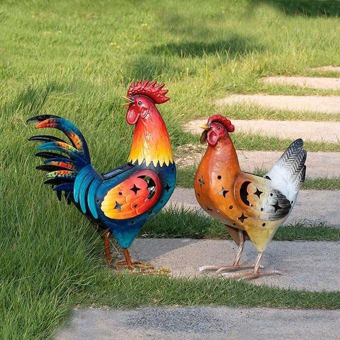 Natelf Solar Rooster Hen Yard Decorations Outdoor Metal Yard Decor Animal Chickens Yard Art for Garden Decor, Lawn Ornament for Porch Backyard Patio Coop Kitchen, Housewarming Gift, Set of 2