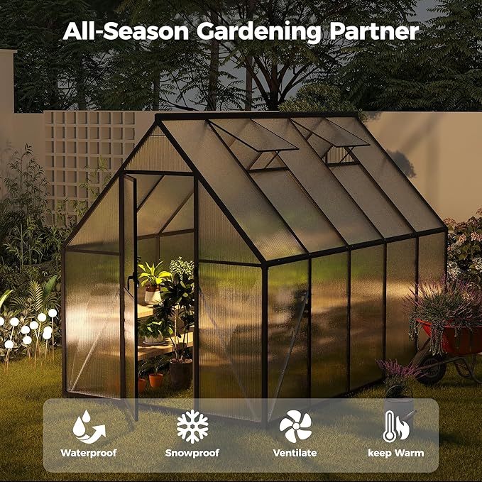 6x10 FT Greenhouse for Outdoors, Polycarbonate Greenhouse with Roof Vent, Enhanced Aluminum Large Walk-in Green House for Garden Backyard