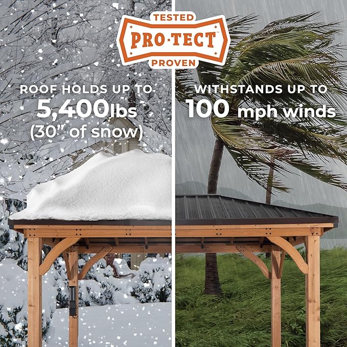 Backyard Discovery Barrington 10' x 10' Cedar Wood Outdoor Gazebo Pavilion with Hardtop Galvanized Steel Hip Roof, Snow Support, Wind Resistance, PowerPort, Shade for Garden, Patio, Deck, Entertaining