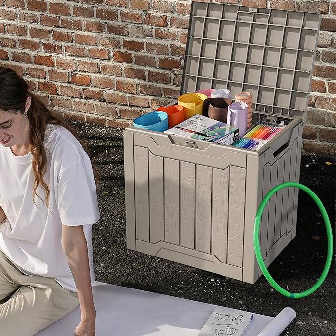 DWVO 30 Gallon Outdoor Storage Deck Box, Resin Patio Storage for Gardening Tools, Patio Cushions, Waterproof and Lockable (Light Brown)