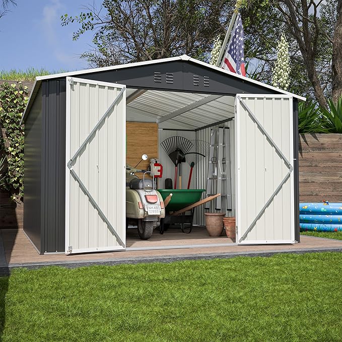 Outdoor Storage Shed 10x10 FT, Utility Metal Tool Storage with Lockable Doors and Updated Frame Structure, Large Metal Garden Shed for Backyard, Patio Lawn, Black