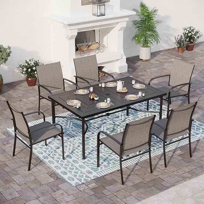 Patio Dining Set for 6, 64" Rectangular Metal Dining Table with Umbrella Hole and 6 Chairs, Outdoor Table and Chairs Set for Lawn Garden Backyard and Deck, Brown