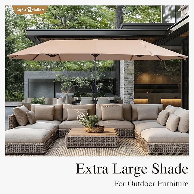 Sophia & William Patio Set with Umbrella 8 Pieces Outdoor Dining Set for 6 with 13ft Large Patio Umbrella Beige, 6 x Blue Swivel Patio Chairs with 59" Dining Table for Lawn Garden