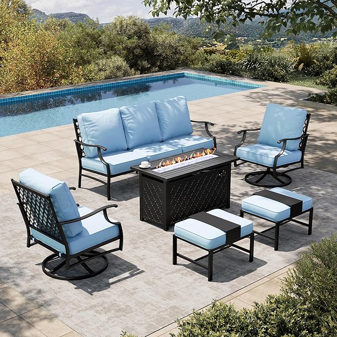 HERA'S HOUSE 6 Pieces Patio Furniture Set with Fire Pit Table, 2 x Swivel Chair, 2 x Ottoman, 3-Seat Sofa with 45" Fire Pit Table, Outdoor Conversation Set for Garden, Poolside, Backyard, Blue