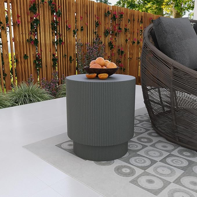 LeisureMod Modern Side Table Round Fiberstone Top Accent End Table for Home, Outdoor Patio, Living Room Sofa, Weather-Resistant, Eden Series in Grey