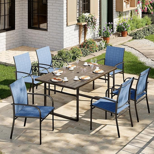 7-Piece Outdoor Dining Set 6 Blue Textilene Chairs and Steel Tabletop with Wood Grain Rectangle Table for Deck Garden Backyard Lawn Poolside